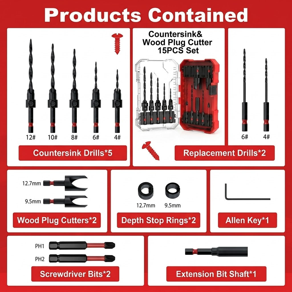 Pro-Precision 15pc Countersink & Wood Plug Cutter Set