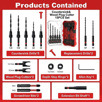 Pro-Precision 15pc Countersink & Wood Plug Cutter Set